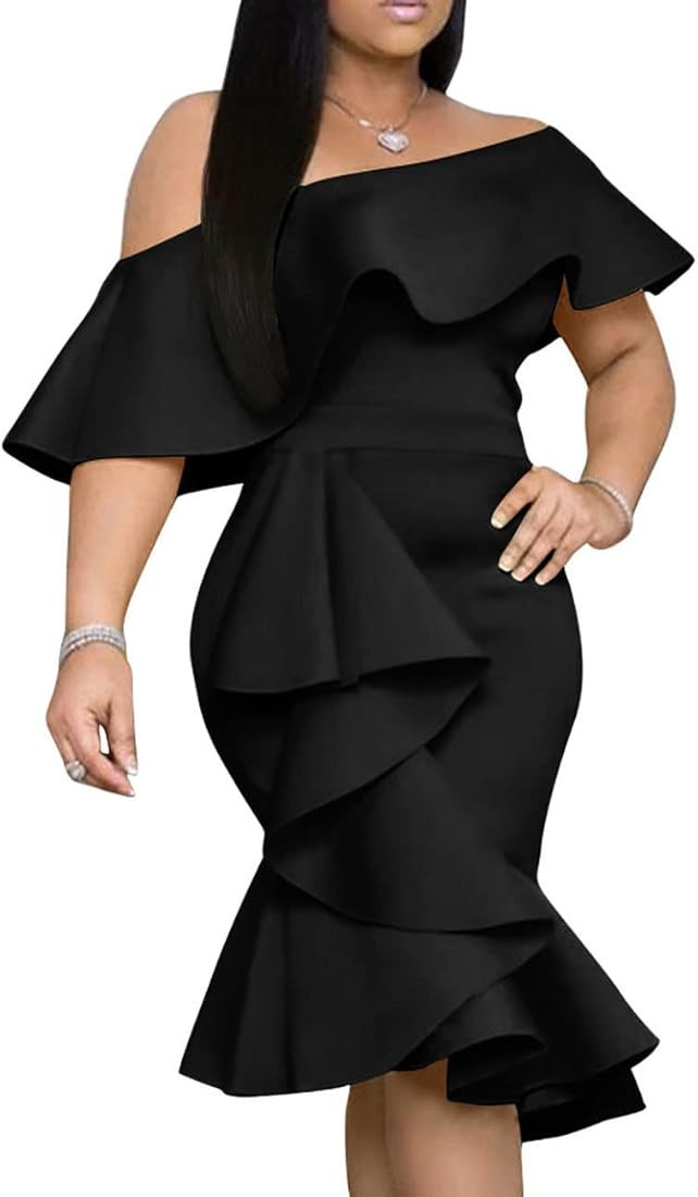 GOBLES Women's Elegant Off The Sholder Back Zipper Ruffles Bodycon Midi Cocktail Dress | Amazon (US)