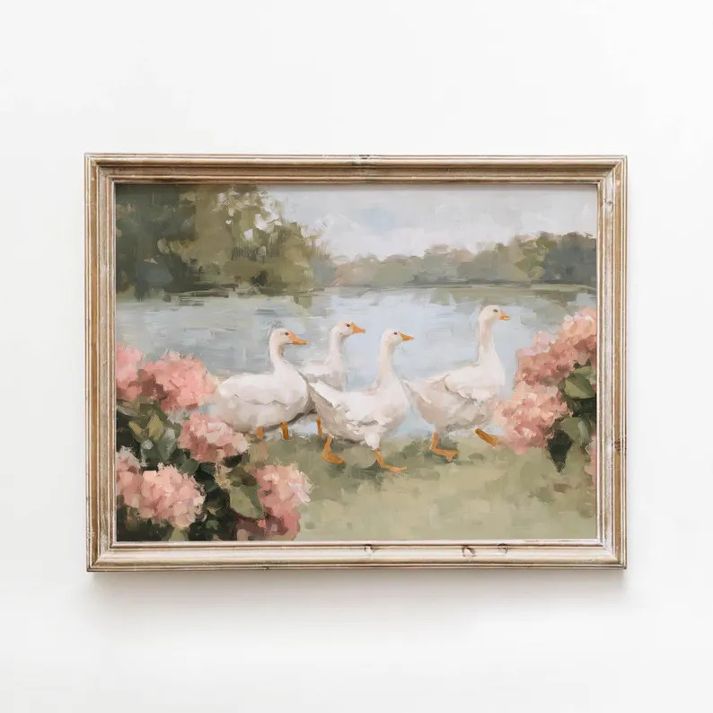 Country Geese Pink Hydrangeas Printable Cottagecore Landscape Painting Country Wall Art Vintage F... | Etsy (Global)