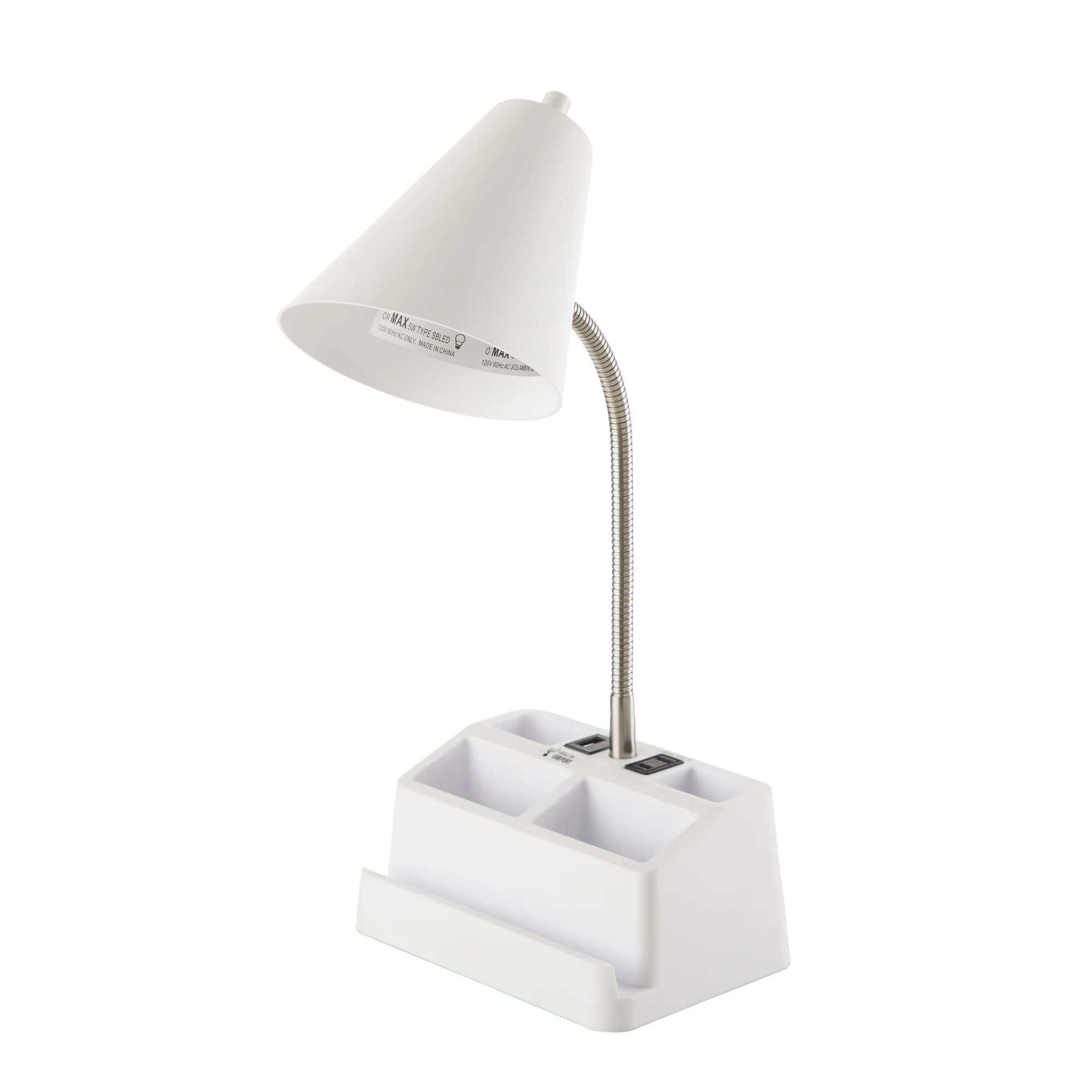 Mainstays 15" Organizer Desk Lamp, White, with USB Port and AC Outlet | Walmart (US)