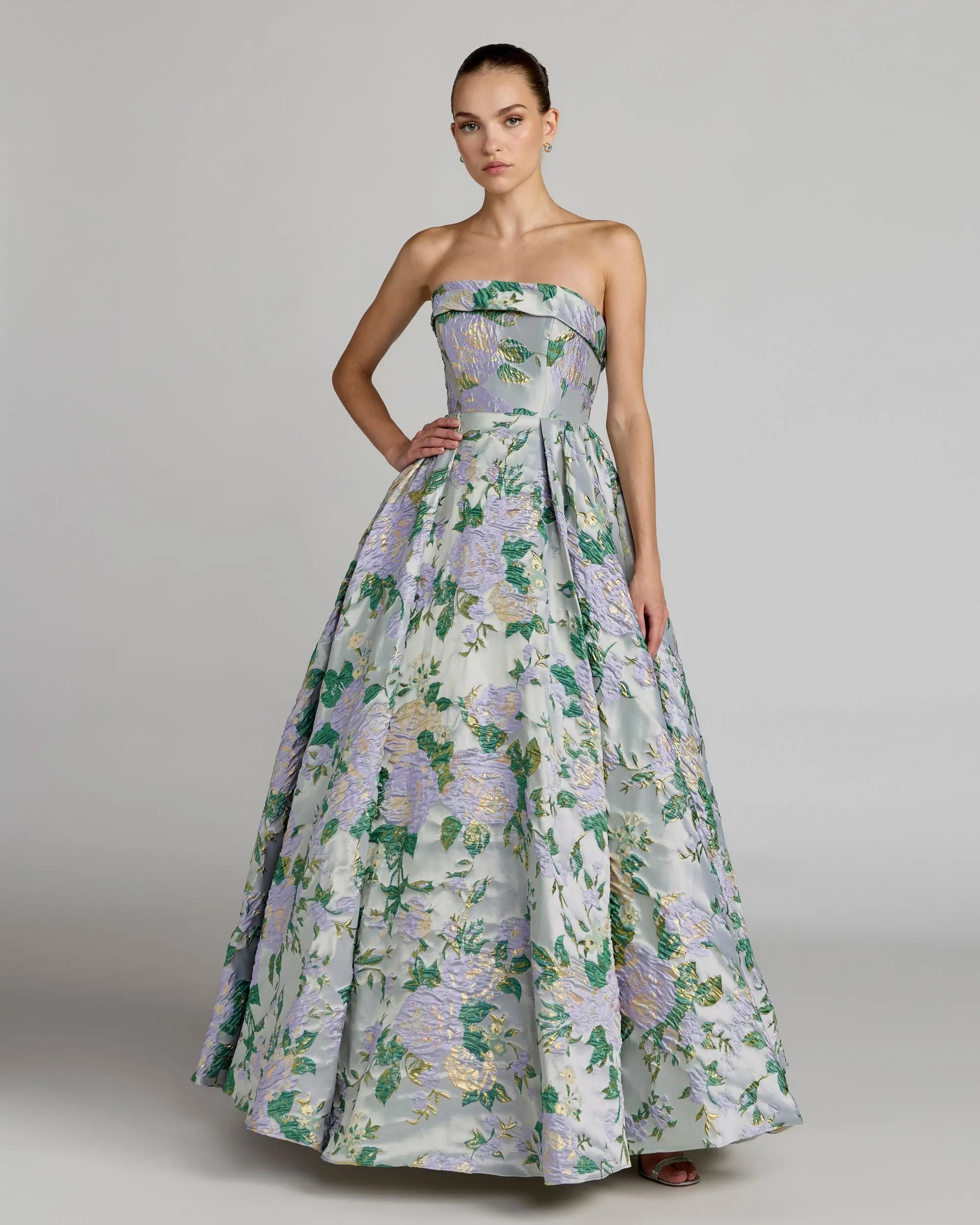 Blue Multicolor Strapless Floral Brocade Ball Gown | Mac Duggal | Mac Duggal