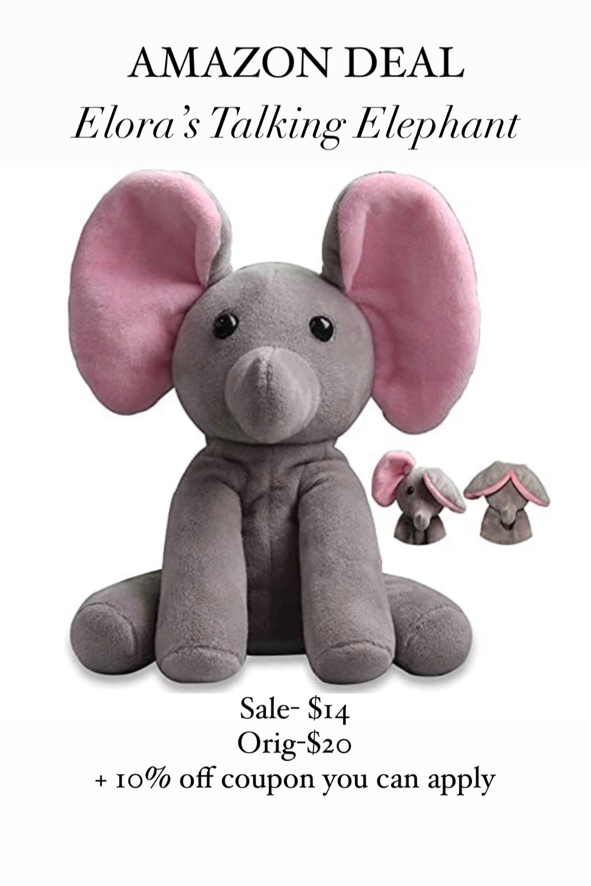 We love this talking Elephant in our house. It keeps Elora occupied and happy. It’s perfect for her age but I think all babies would love it! 
#talkingelephant #babytoy 

#LTKsalealert #LTKbaby #LTKfamily
