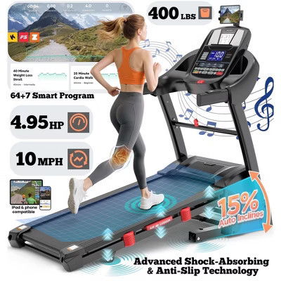 15% Auto Incline Treadmill,4.95HP Folding Treadmill 400lb Capacity,71 Program,10MPH,Personalized Workout W/ APP Control,Jogging Walking Home Treadmill | Target