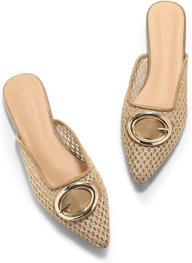 Coutgo Womens Mules Flats Metal Closed Pointed Toe Slip On Slides Summer Dress Shoes | Amazon (US)