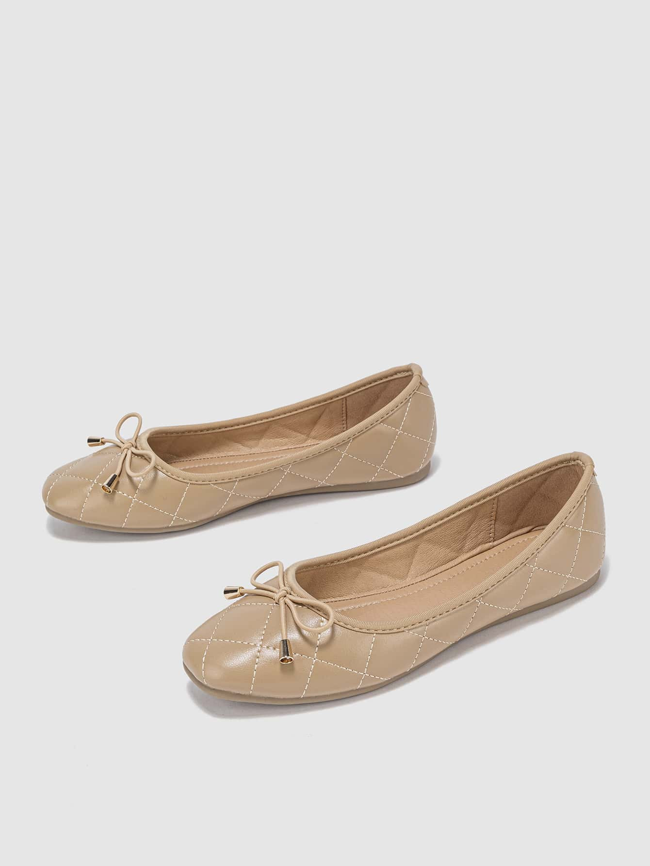 2025 Autumn Women Bow Decor Quilted Pattern Square Toe Ballet Flats, Elegant Summer Flats | SHEIN