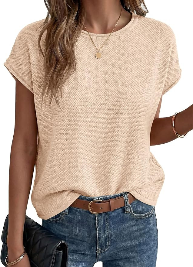 Saodimallsu Womens Summer Cap Sleeve Tops 2026 Waffle Knit Going Out Casual Loose Crew Neck Light... | Amazon (US)