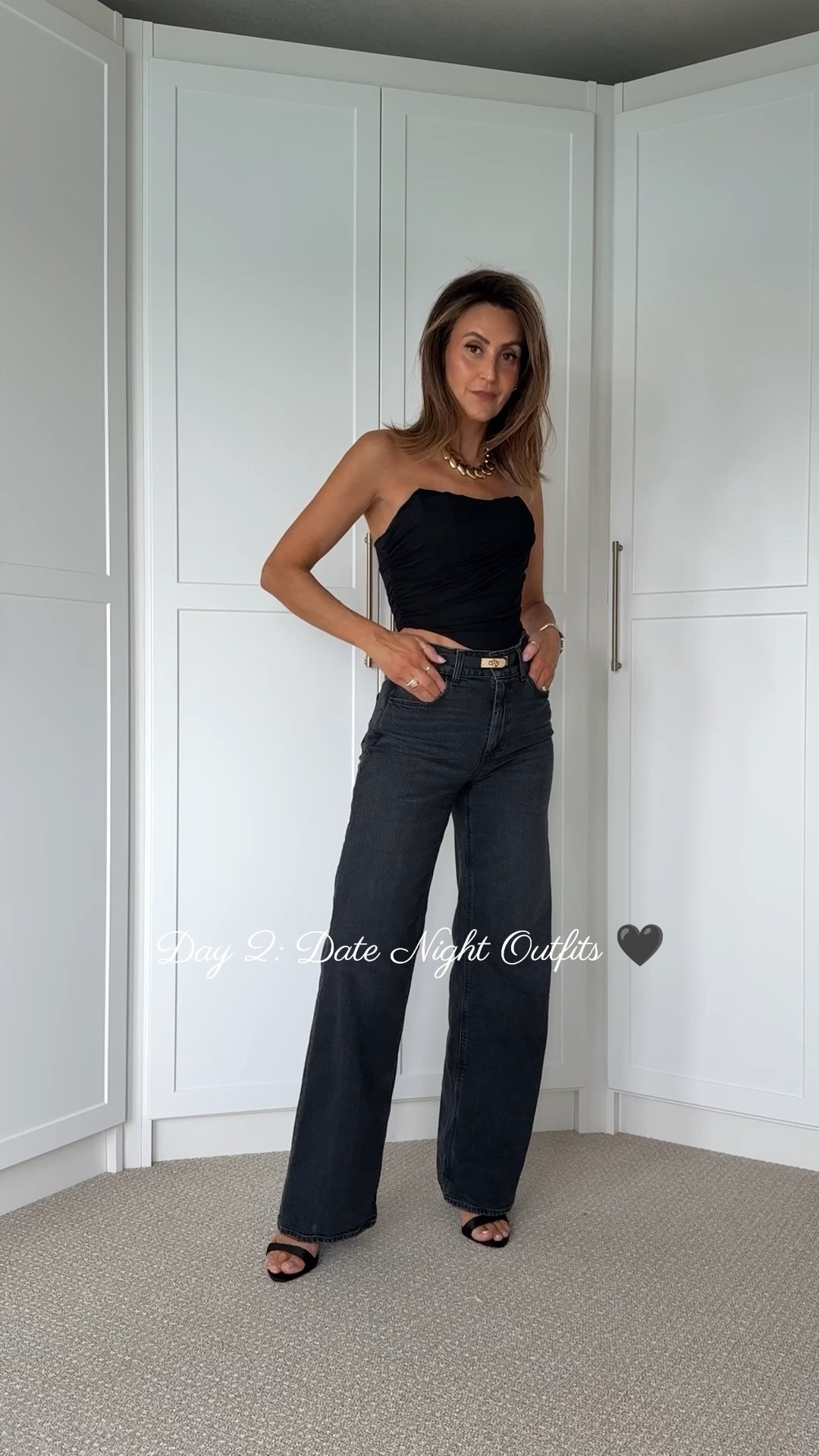 Day 3 of Date Night Outfits - all black and a touch of gold ✨🖤 
Jeans size 26 - love these for evening or to dress up! Corset is the perfect date night top, size small. Linking a similar bag to my gold sold out one! 

#LTKItBag #LTKParties #LTKStyleTip