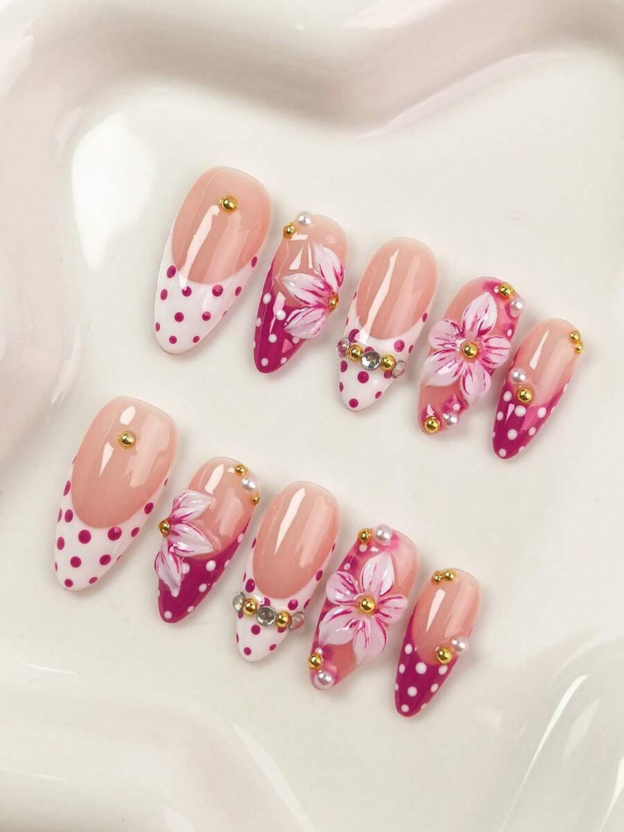 10pcs/Set Cute Handmade Nail Stickers, Includes Full Coverage Fake Nails, French, Rhinestone, Pol... | SHEIN