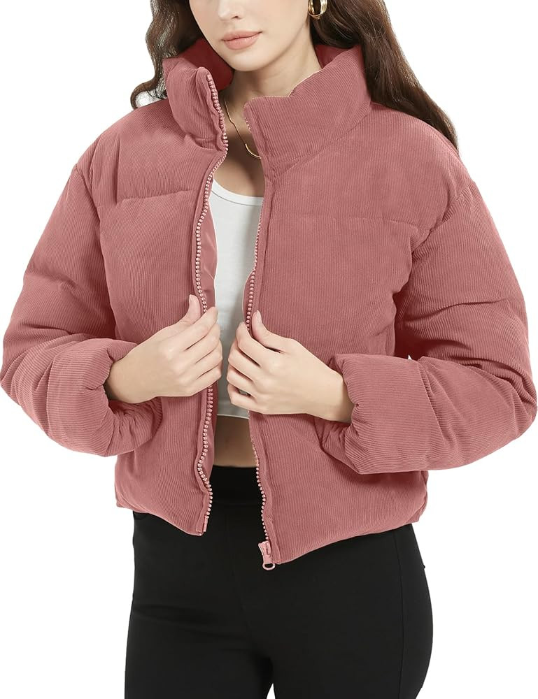Flygo Womens Cropped Corduroy Puffer Jacket Winter Jackets Warm Long Sleeve Zip Quilted Down Puff... | Amazon (US)