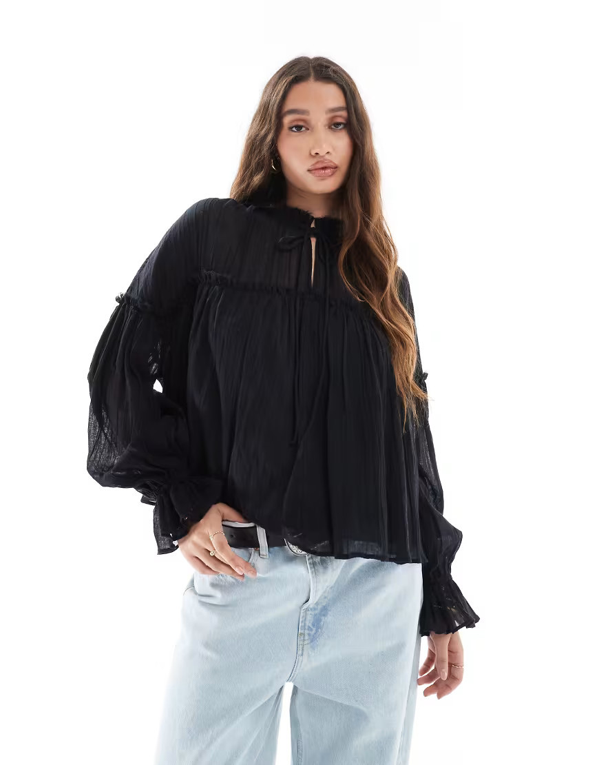 ASOS DESIGN tie neck ruffle detail crinkle long sleeve smock top in black | ASOS (Global)