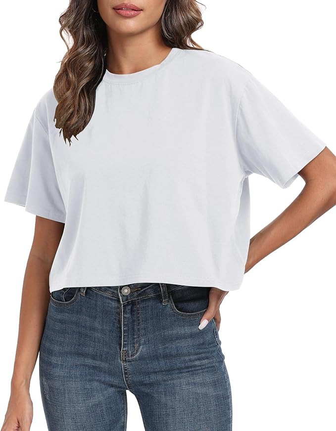 PRIMODA Women's Oversized Workout Cropped T Shirts Crew Neck Short Sleeve Casual Loose Summer Cro... | Amazon (US)