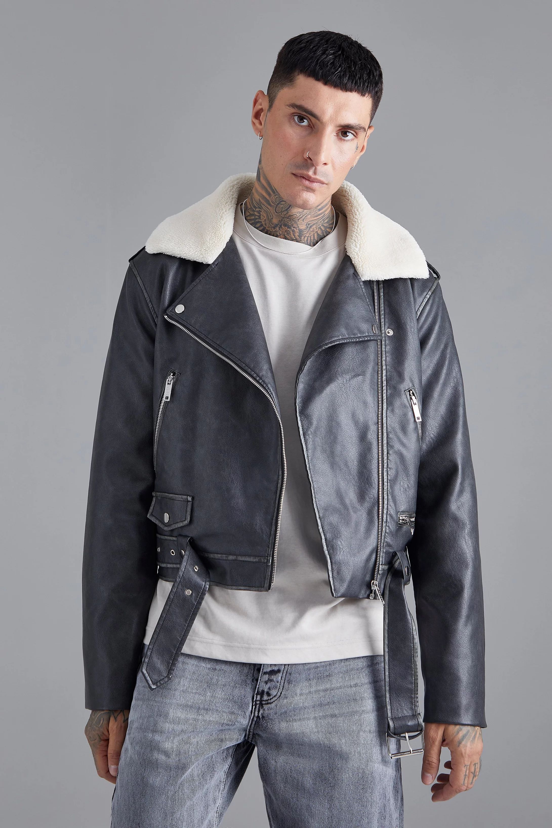 Boxy Fit Washed Pu Biker With Borg Collar | boohooMAN (DE, IE & UK)