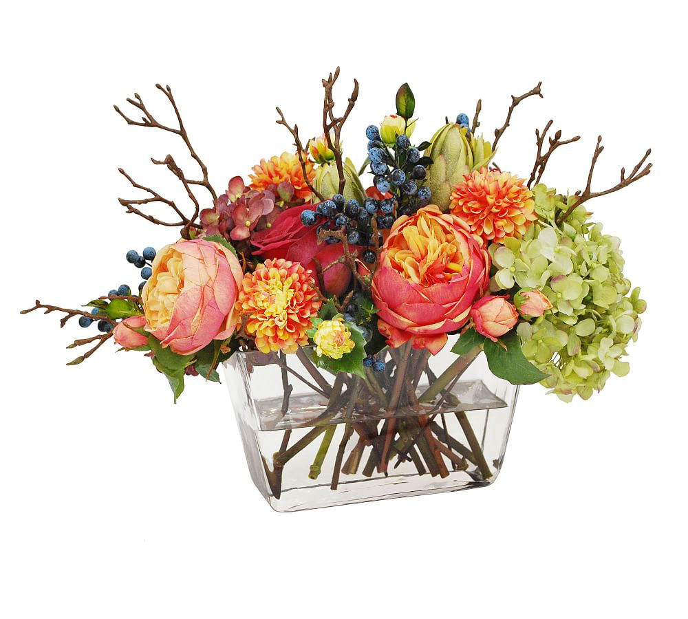 Faux Mixed Fall Hydrangea and Rose in Square Vase | Pottery Barn (US)