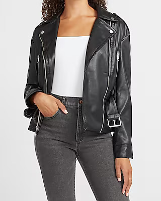 Vegan Leather Belted Drop Shoulder Jacket | Express