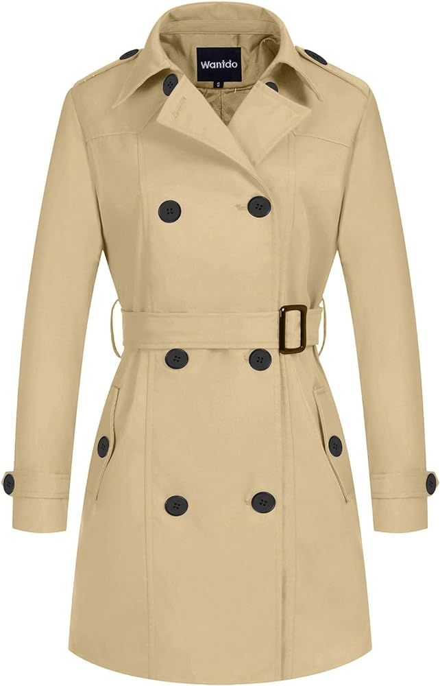 Wantdo Women's Double-Breasted Trench Coat Classic Lapel Overcoat Slim Outerwear Coat with Belt | Amazon (US)