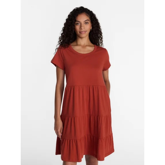 Time and Tru Women's and Women's Plus Size Tiered Cotton Dress with Short Sleeves, Sizes XS-4X | Walmart (US)