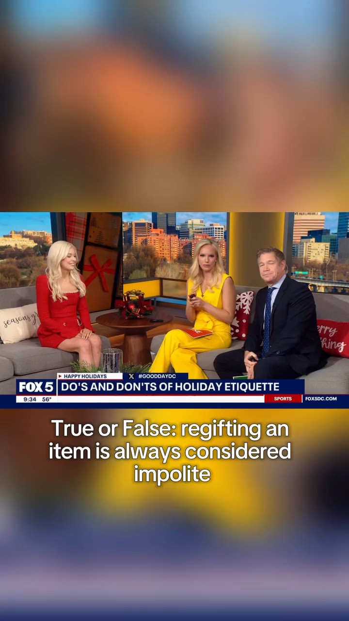It was such a pleasure joining @fox5dc yesterday for another live segment! In case you missed it, here’s a clip of our game of True or False on holiday etiquette do’s and don’ts. 

Regifting isn’t always considered impolite, but here are a few important considerations to keep in mind: 

🎁 Don’t regift anything that is super personalized, such as monograms or with names. (I think this goes without needing much explanation 😉) 

🎁 Make sure you regift in a different social circle where you are positive the original gifter won’t find out.

🎁 Add a personal touch by including a personal note to the new recipient. 

Have you ever been so bold a to regift something? (I have! 🙋🏼‍♀️) Let’s chat below! ✨🎄