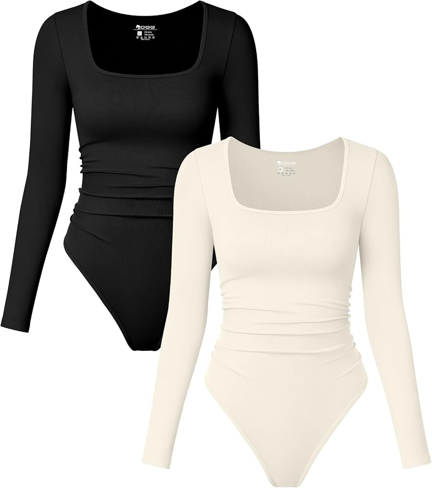 OQQ Womens 2 Piece Bodysuits Long Sleeve Square Neck Ruched Stretch Fitted Bodysuits | Amazon (US)