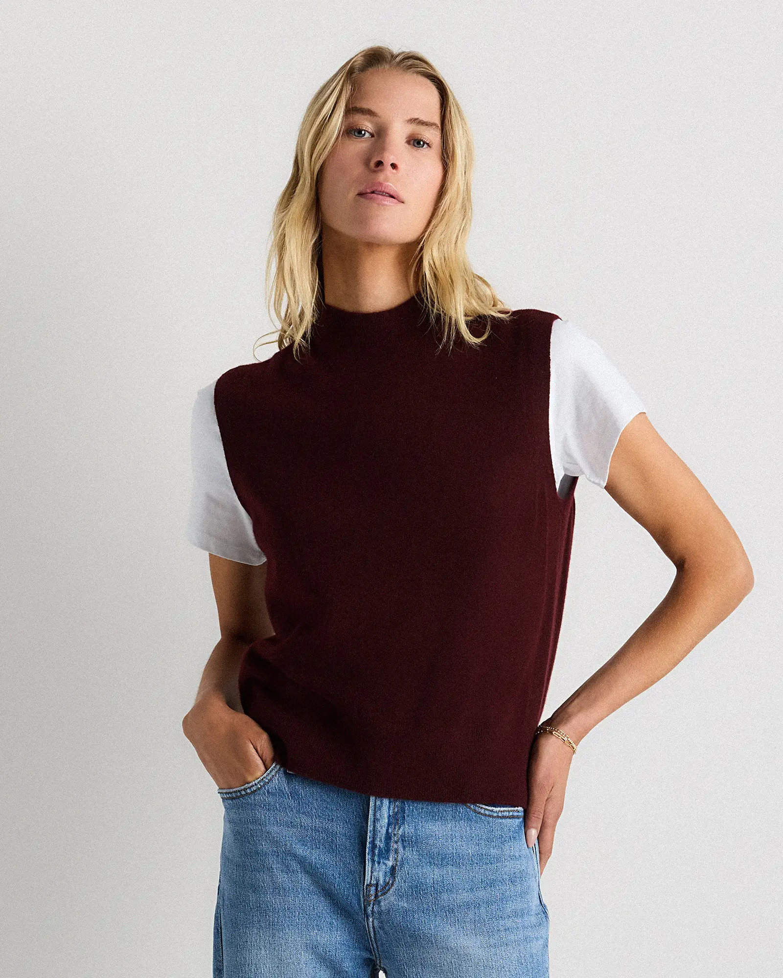 Mongolian Cashmere Mock Neck Sweater Vest  in Heather Truffle Brown | Quince