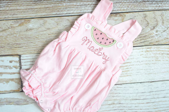 Monogrammed baby girl pink ruffle bubble with watermelons | Etsy | Etsy (US)
