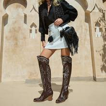 Bottes cowgirl western en denim à bout pointu, à talon épais, brodées de marron pour femmes, pour l'automne et l'hiver | SHEIN