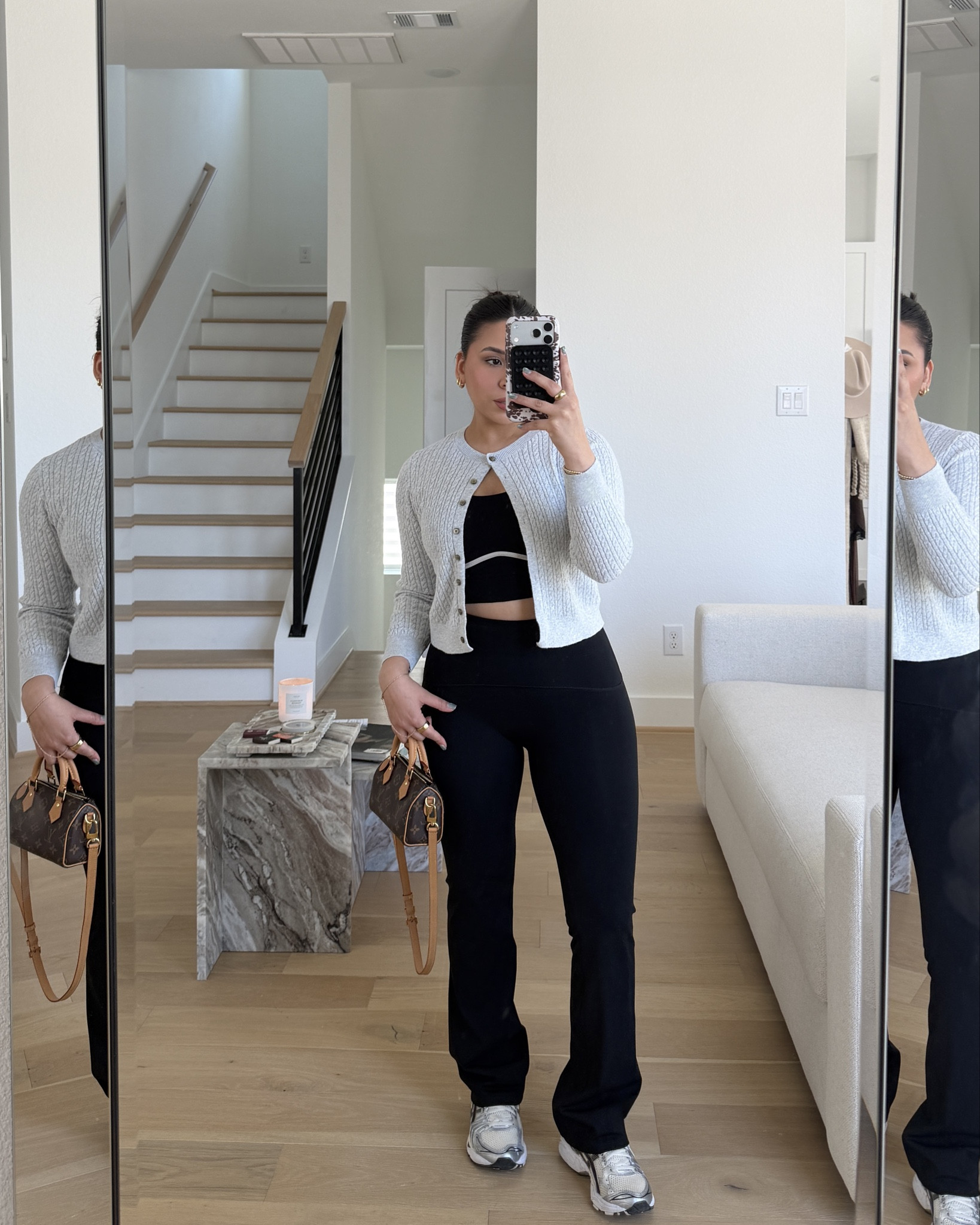 LTK spring sale 20% off spanx w code LTKSPANX 
All leggings: small
Cardigan: xs 
Sports bras: small
White socks 
Sneakers: 6.5 women 
Nano speedy bag 

#LTKSpringSale #LTKActive #LTKootd