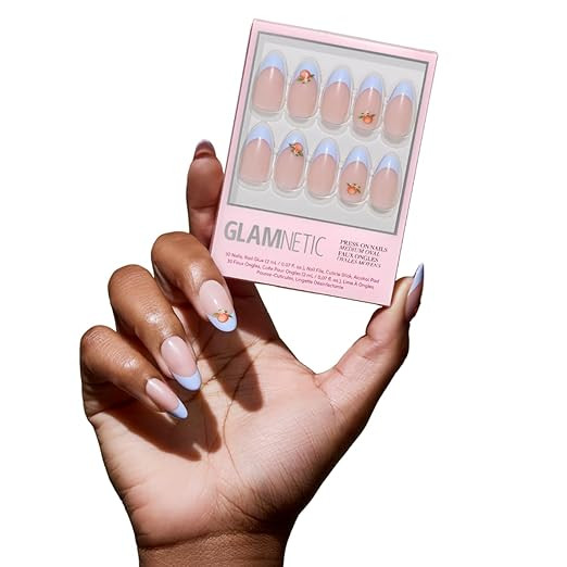 Glamnetic Press On Nails - Medium Oval Fake Nails with Blue French Tips & Orange Accents | Salon ... | Amazon (US)