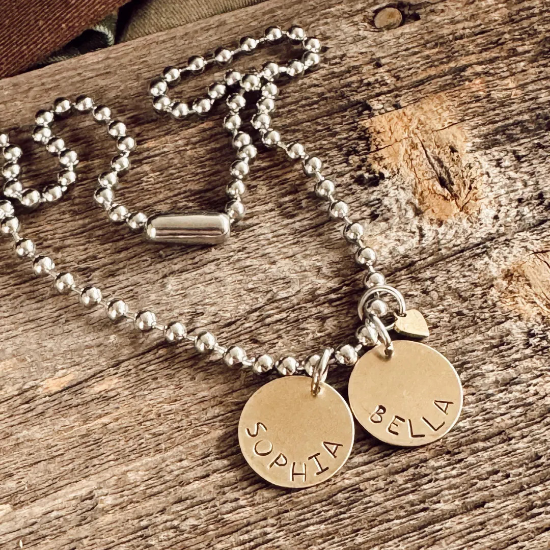 NEW - Brass Circle Personalized Name Hand Stamp Tag Necklace - Brass and Stainless Steel - Mixed ... | Etsy (US)