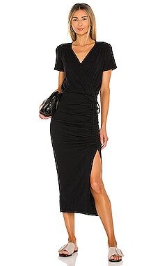 SUNDRY Short Sleeve Ruched Dress With Slit in Black from Revolve.com | Revolve Clothing (Global)