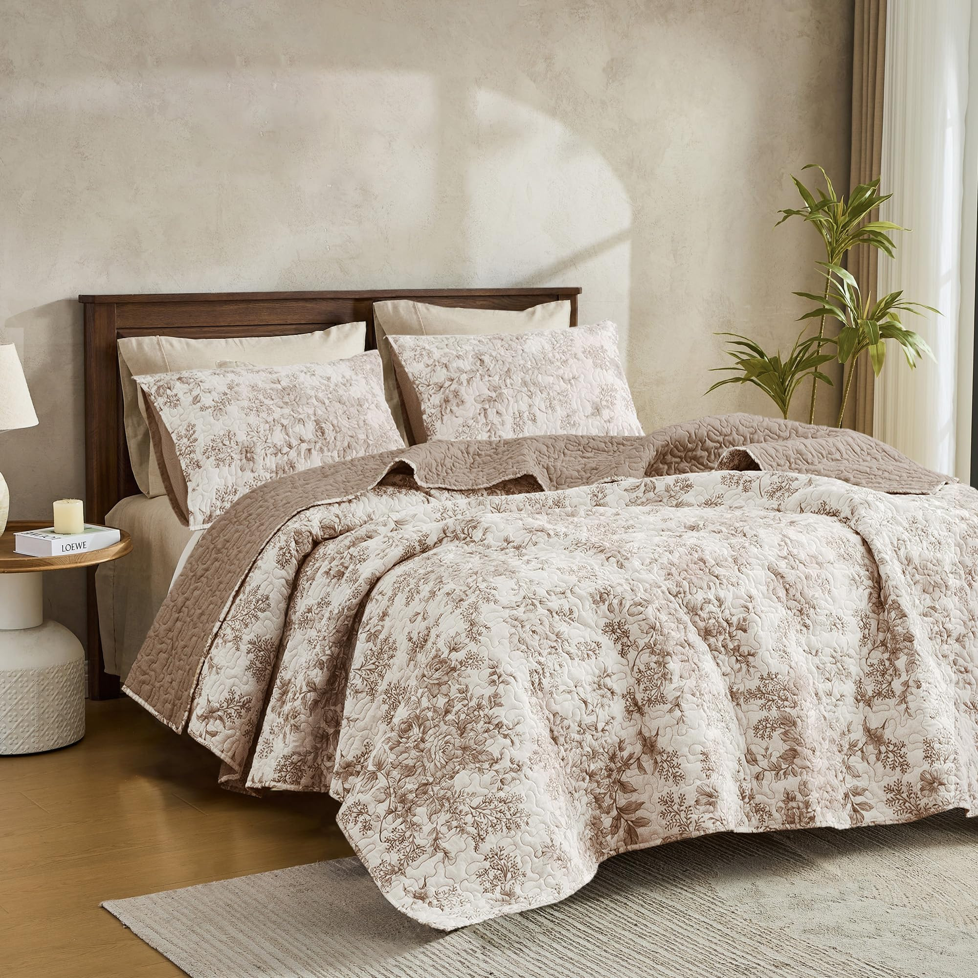 Wonderful Taupe Floral Quilt Set King Size, Reversible Cotton Quilt Bedding Set for King Bed, Tau... | Amazon (US)