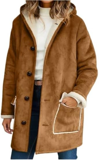 Sherpa Lined Jacket for Women Winter Button Down Long Sleeve Faux Fur Suede Coats Hooded Fuzzy Ja... | Amazon (US)