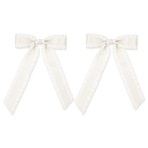 2Pcs White Hair Bows for Girls, White Bow for Dress White Ribbon Bows for Hair Bows For Women, White Satin Bow Long Bows White Hair Clips Hair Barrettes for Women Hairbows White Hair Accessories | Amazon (US)
