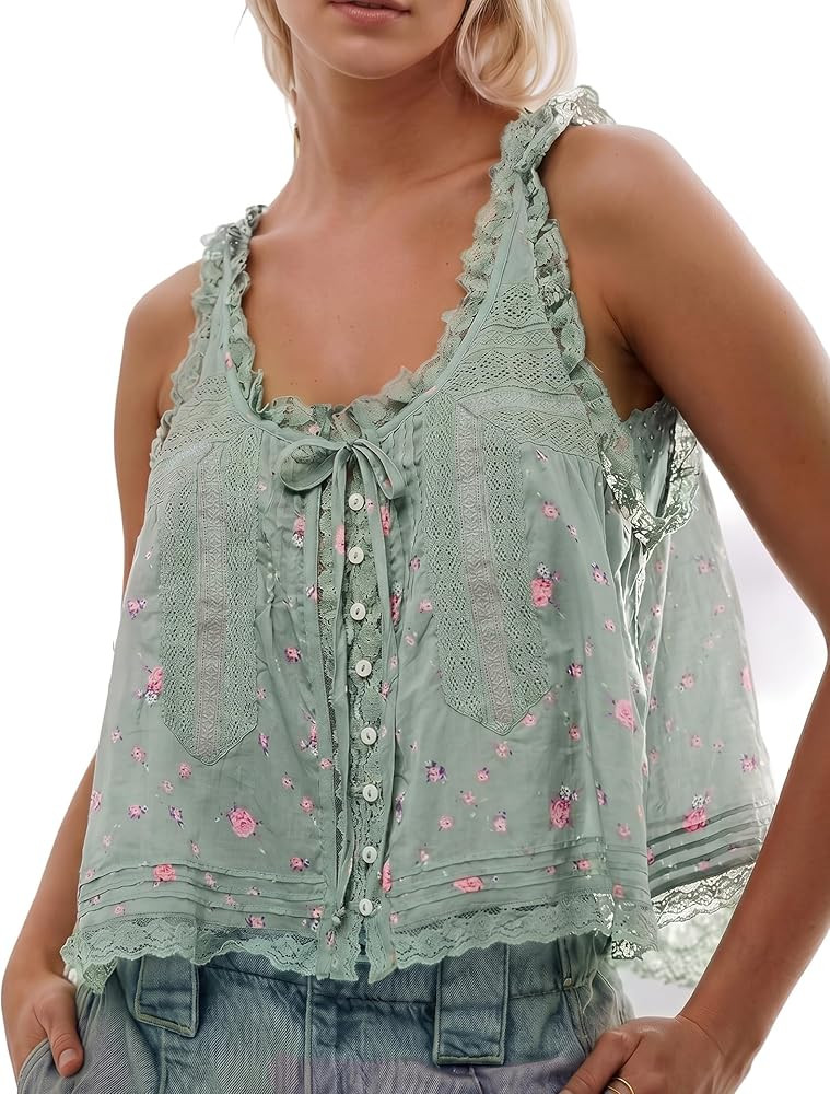 Women Summer Boho Lace Tie Front Tank Beach Vacation Top Button Down Sleeveless Cardigan Crop Y2k... | Amazon (US)