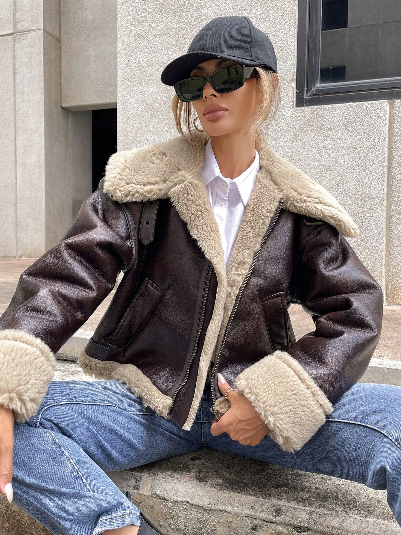 SHEIN Essnce Teddy Lined Zip Up PU Leather Jacket | SHEIN