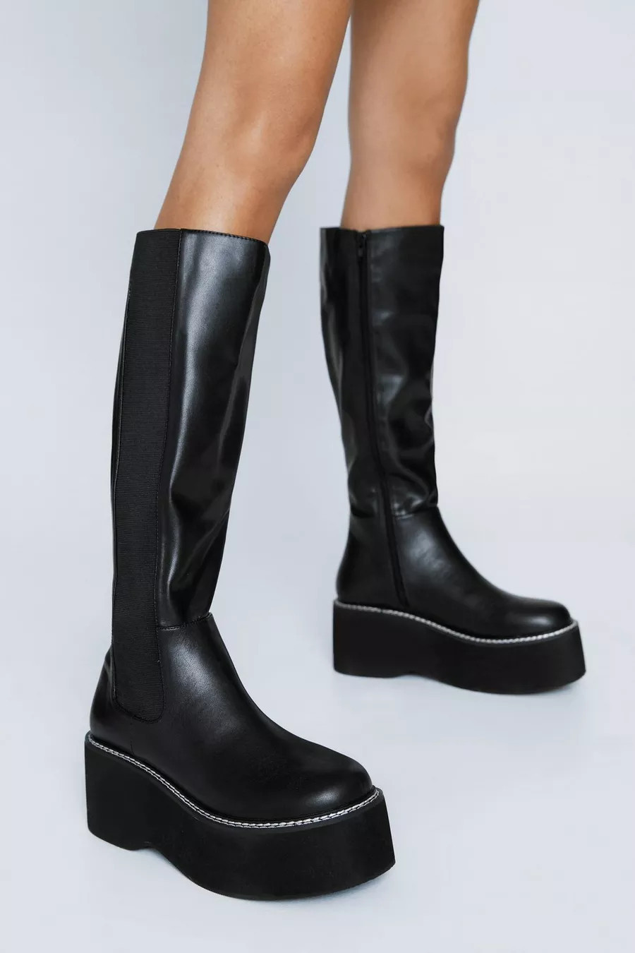 Faux Leather Wedge Knee High Chelsea Boot | Nasty Gal (US)