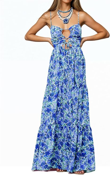 Womens Summer Floral Spaghetti Strap Backless Low Cut Smocked Milkmaid Flowy Beach Sundresses | Amazon (US)