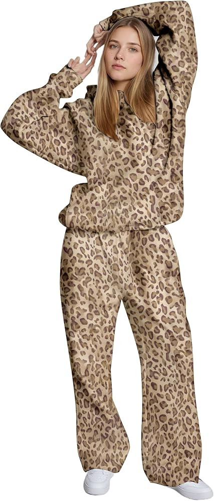 Ythomm Womens Leopard 2 Piece Sets Oversized Hoodies Straight Leg Sweatpants Sweatsuits Hooded Sw... | Amazon (US)