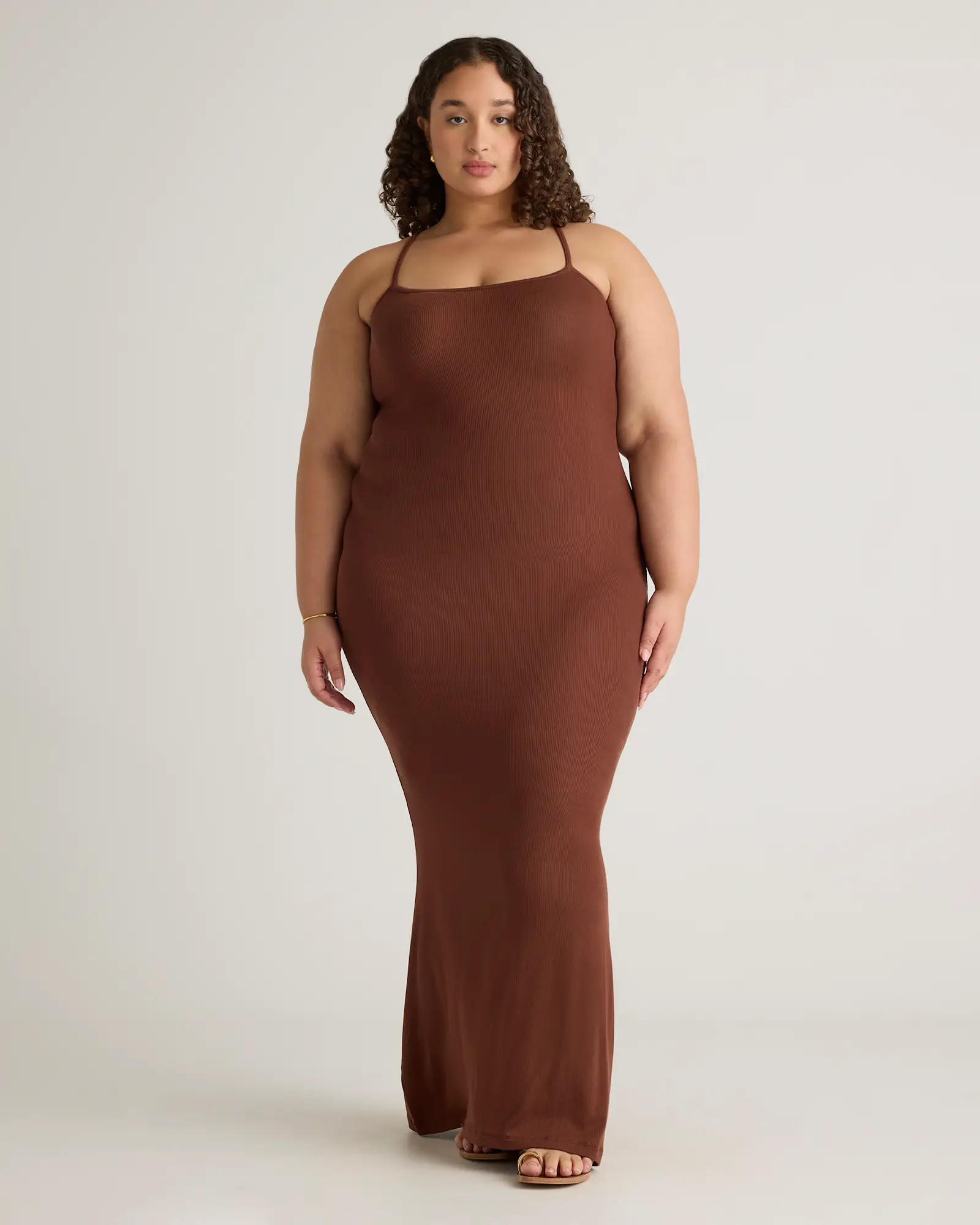 Tencel Rib Knit Maxi Slip Dress - Plus Size in Brown | Quince