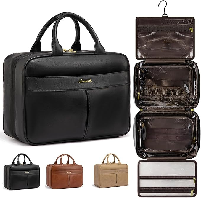 LOVEVOOK Travel Toiletry Bag with Hanging Hook for women, Water-Resistant Leather Vintage Makeup ... | Amazon (US)