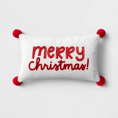 12"x20" Holiday Embroidered Merry Christmas Lumbar Throw Pillow Cream - Wondershop™ | Target
