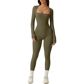 QINSEN Womens Sexy Square Neck Long Sleeve Full Length Leggings Bodycon Stretch Jumpsuit | Amazon (US)