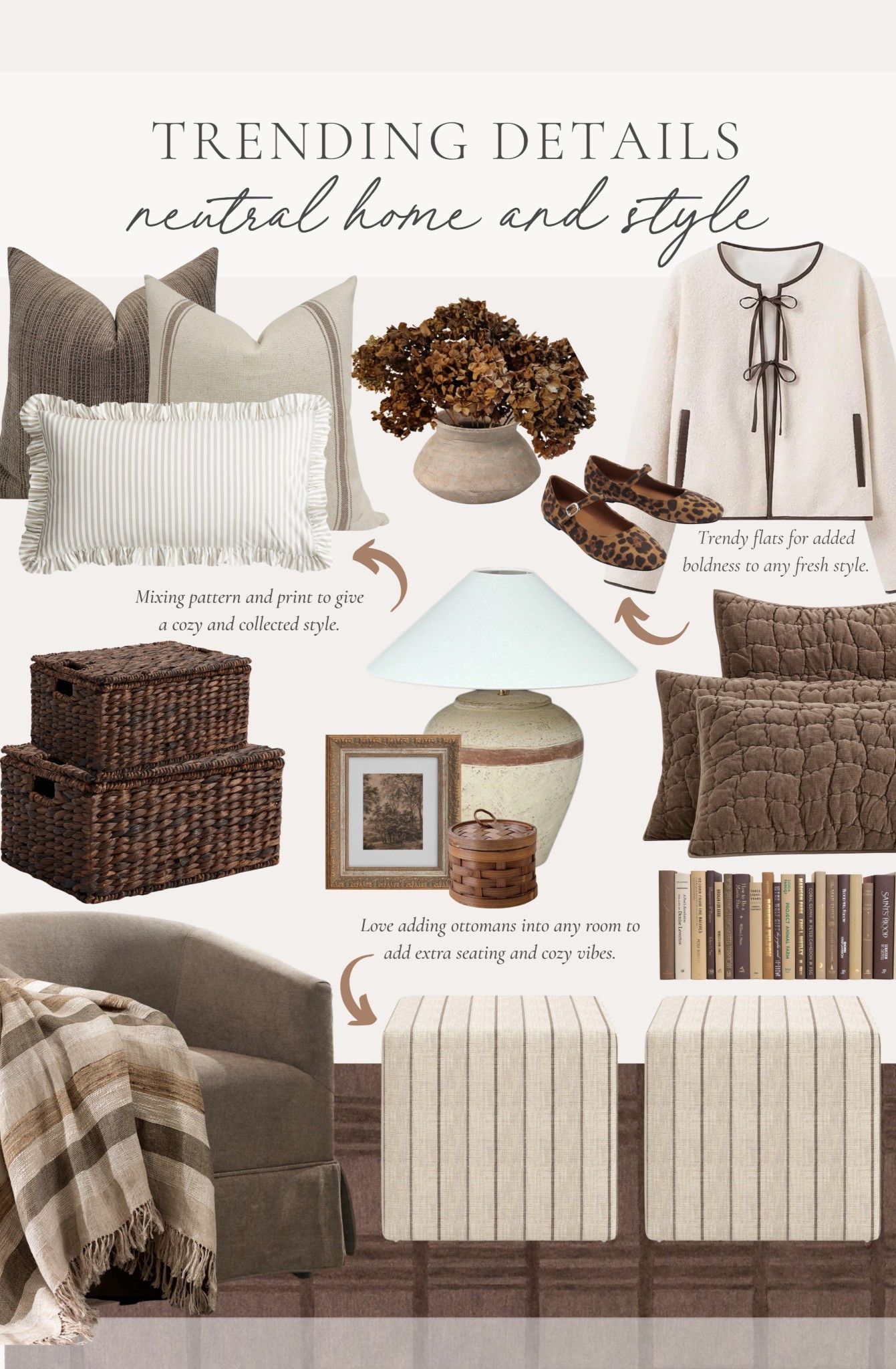 Trending neutral home and style details! From cozy home finds to early spring transition style, sharing all of my favorites for a cohesive, collected look.

Home finds, neutral home inspo, furniture favorites, collected style, timeless home inspo, fashion favorites, accent chair, ottoman favorites, neutral rug details, cozy throw pillow, table lamp, neutral decor book, cozy bedding, faux florals, vase favorites, neutral decor, wicker basket, Pottery Barn style, found it on Amazon, Cider, Ballard Design, Wayfair, McGee and Co, Etsy, shop the look!

#LTKSeasonal #LTKHome