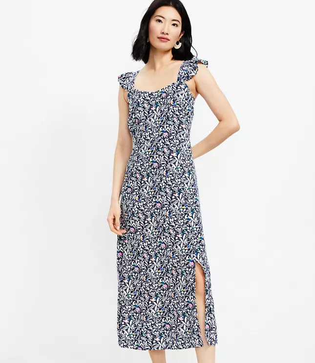Bird Ruffle Strap Midi Dress | LOFT