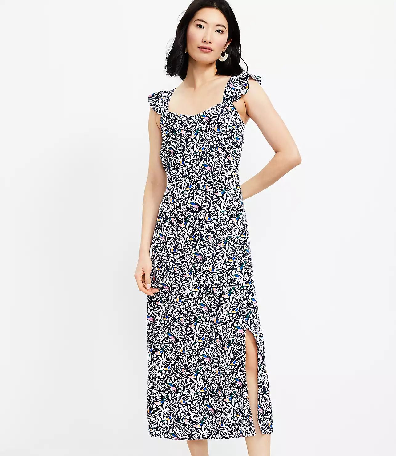 Bird Ruffle Strap Midi Dress | LOFT