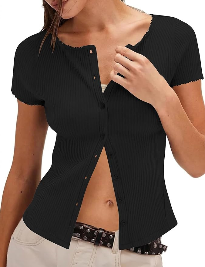 Womens Y2k Tops Button Down Short Sleeve Shirts Lightweight Summer Cardigans Slim Fit Ribbed Blou... | Amazon (US)