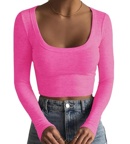 Artfish Women's Square Neck Long Sleeve Ribbed Slim Fitted Casual Basic Crop Top (Hot Pink, M) | Amazon (US)
