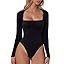 QINSEN Women's Sexy Square Neck Bodysuit Long Sleeve Double Shirt Tops | Amazon (US)