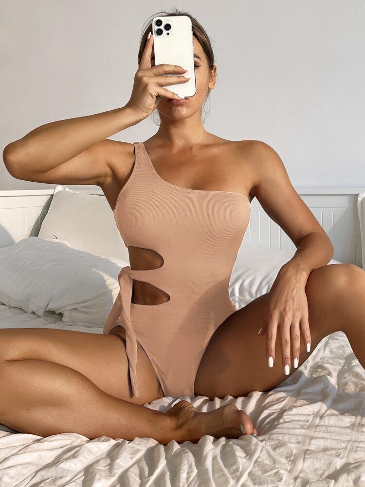 Rib Cut-out One Shoulder One Piece Swimsuit | SHEIN