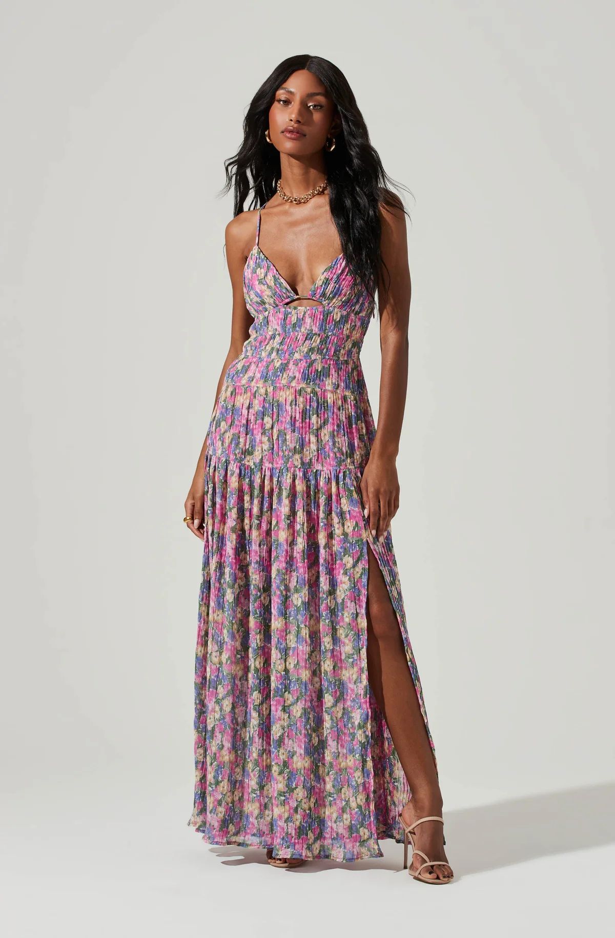 Tropics Plunge Neck Pleated Open Back Maxi Dress | ASTR The Label (US)