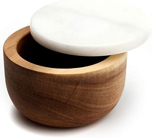 white Marble Base Wood Cover Salt Box with spoon Large Solid Natural Acacia lid white Marble base... | Amazon (US)