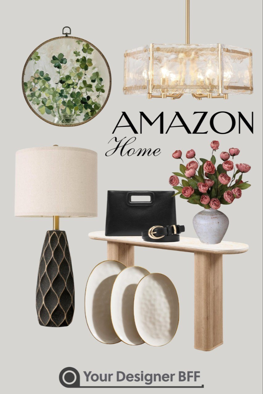 Elevated neutrals + timeless textures 🤍✨Loving this chic mix from Amazon Home — the perfect balance of modern elegance and everyday affordability. From the sculptural black-and-gold table lamp to the dreamy clover wall art and warm brass chandelier, these pieces instantly elevate any space.The soft florals, gold-rimmed plates, and natural wood console bring in that layered, designer look without the designer price tag. Whether you’re refreshing your entryway, dining room, or living space, these finds make styling effortless.Shop all my curated picks linked here on LTK!#AmazonHome #LTKHome #HomeDecorFinds #NeutralHome #ModernClassic #DesignerLookForLess

#LTKHome #LTKSpringSale